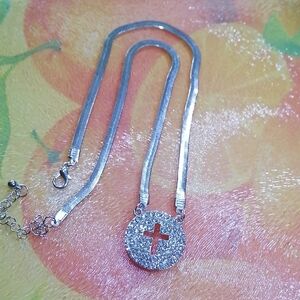 Sparkling Crystals Cross Pendant Herringbone Necklace